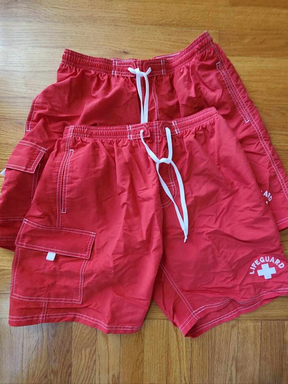 Mens Red Lifeguard Swim Trunks with Cargo Pocket, 2 Pair, NWOT